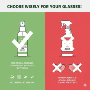 A comparison graphic highlighting why a pH-neutral formula is the best eyeglass cleaner for coated lenses compared to harsh chemicals.