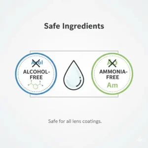 Infographic highlighting the safe and alcohol-free ingredients of the best spectacle lens cleaner.