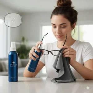 A person cleaning smudges off prescription eyeglasses with a specialized optical lens cleaner spray.