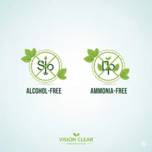 Graphic showing eco-friendly and ammonia-free ingredients used in a gentle glasses cleaner formula.