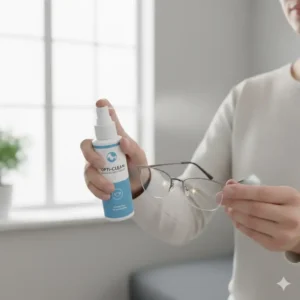 A person spraying a specialized lens cleaner for spectacles onto the surface of prescription glasses.