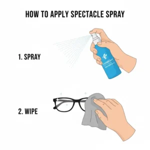 Graphic demonstration of a person applying a gentle mist of cleaning spray for spectacles onto the lenses.