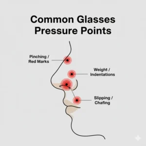 Infographic highlighting the specific facial pressure points where poorly fitted glasses nose pads hurt the most.