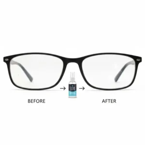 Side-by-side comparison showing blurry vs crystal clear lenses using eyewear lens cleaner.