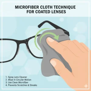 Educational visual on using a microfiber cloth with the best eyeglass cleaner for coated lenses for a streak-free finish.