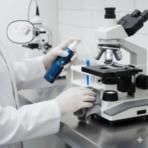 Illustration of laboratory maintenance using an optical lens cleaner on high-precision microscope optics.