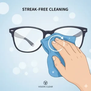 Illustration of the proper way to wipe lenses using a microfiber cloth and glasses cleaner for a streak-free finish.