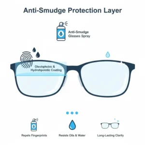 Technical diagram explaining the oleophobic protective layer created by the anti smudge glasses spray.