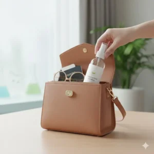 A compact and portable travel-size eyeglass cleaner spray fitting easily into a small pocket.