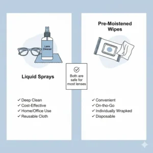 Comparison between spray and wipe versions of lens cleaners for eyeglasses.