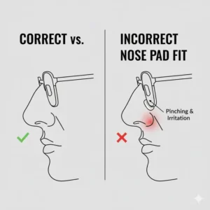 Comparison showing correct versus incorrect frame alignment that causes glasses nose pads hurt symptoms.