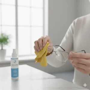 Wiping the frame and lenses with a soft cloth after applying lens cleaner for spectacles for a streak-free finish.