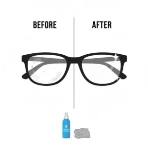 Comparison showing dirty lenses versus crystal clear results after using a spray for spectacles.