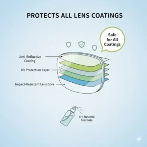 Diagram showing how a pH-neutral glasses cleaner protects anti-reflective and blue light coatings on eyewear