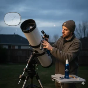 An optical lens cleaner being applied to a telescope eyepiece for clear night sky viewing.