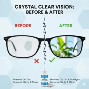 Before and after view showing the effective smudge removal of the best eyeglass cleaner for coated lenses.
