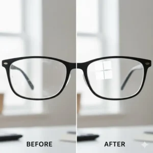 A clear before and after comparison demonstrating the effectiveness of the eyeglass cleaner spray on dirty lenses.