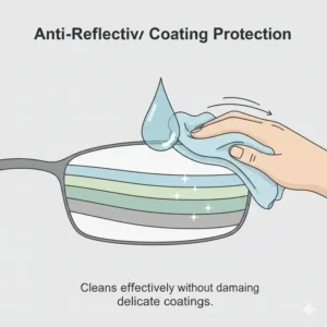 Illustration of how the best spectacle lens cleaner protects delicate anti-reflective lens coatings.