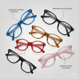 A collection of different frame colors available for these stylish acetate glasses with nose pads.
