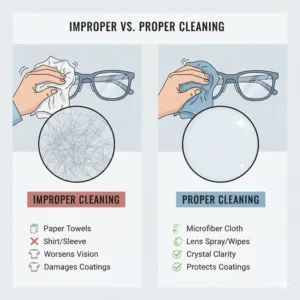 Illustration comparing improper wiping versus using proper lens cleaners for eyeglasses