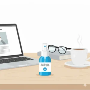 A lifestyle graphic of a travel-sized anti smudge glasses spray placed on a modern office desk.