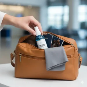 A compact travel-friendly eyewear lens cleaner bottle fitting into a small bag.