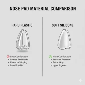 Illustration of different materials like silicone and plastic to explain why some glasses nose pads hurt more than others.