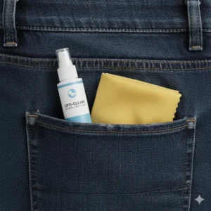 A small pocket-sized bottle of lens cleaner for spectacles designed for travel and daily use.
