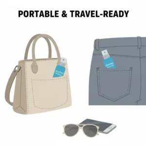An illustration of a travel-sized spray for spectacles fitting easily into a small handbag or pocket.