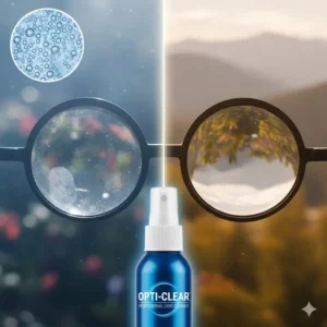 A split-screen illustration showing a blurry lens vs. a crystal-clear lens after using an optical lens cleaner.