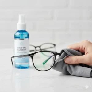 Illustration showing eyewear lens cleaner being used safely on anti-reflective coated lenses.