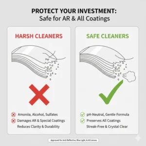 Infographic showing pH-neutral lens cleaners for eyeglasses are safe for AR coatings