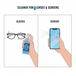 Demonstrating the versatile use of anti smudge glasses spray on both eyeglass lenses and smartphone screens.