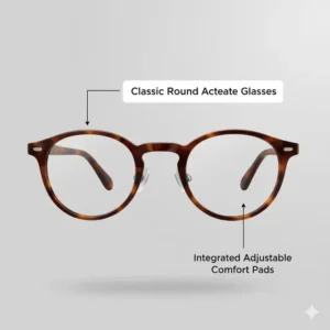Various frame shapes including round and square designs of acetate glasses with nose pads.