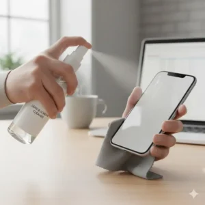A person safely applying the eyeglass cleaner spray to a smartphone screen and camera lens.