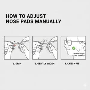 Step-by-step visual instructions on how to adjust frames when glasses nose pads hurt the user.