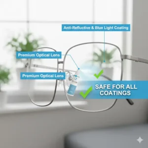 Demonstrating a pH-neutral lens cleaner for spectacles that is safe for anti-reflective and blue light coatings.