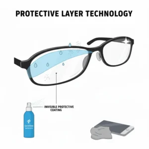 Diagram showing how a specialized spray for spectacles creates a protective, streak-free layer on the lens.