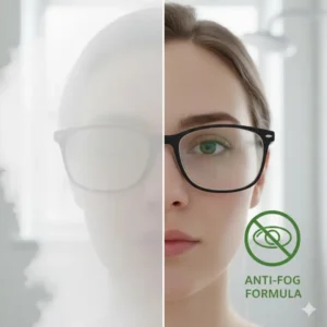 An illustration showing how the anti-fog eyeglass cleaner spray keeps lenses clear in steamy conditions.