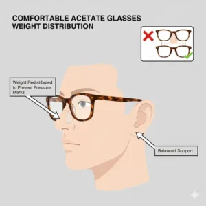Infographic explaining how the weight is distributed in acetate glasses with nose pads for extra comfort.