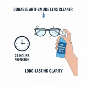 Infographic highlighting the 24-hour long-lasting clarity provided by a single use of anti smudge glasses spray.
