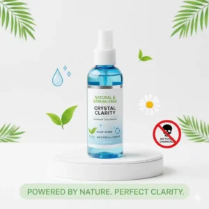 Graphic highlighting the non-toxic and streak-free ingredients of a premium eyewear lens cleaner.