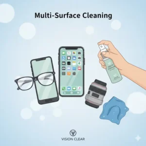 A versatile glasses cleaner being used to safely clean a smartphone screen and a professional camera lens.