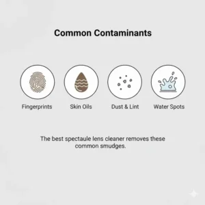 Icons showing how the best spectacle lens cleaner removes fingerprints, oils, and dust.