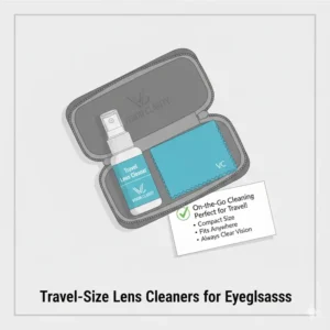 A portable travel pouch containing compact lens cleaners for eyeglasses.