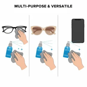 Illustration showing the spray for spectacles being used on reading glasses, sunglasses, and smartphone screens.