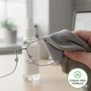 A high-quality microfiber cloth wiping away streaks after using the eyeglass cleaner spray for a crystal clear finish.