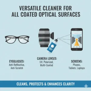 Showing the versatility of the best eyeglass cleaner for coated lenses on camera optics and digital screens.