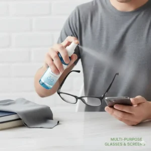 Eyewear lens cleaner being used to sanitize both glasses and a smartphone screen.