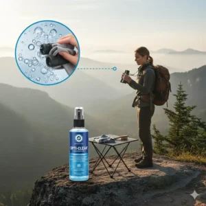 Maintaining outdoor binoculars in the field with a portable optical lens cleaner and cloth.